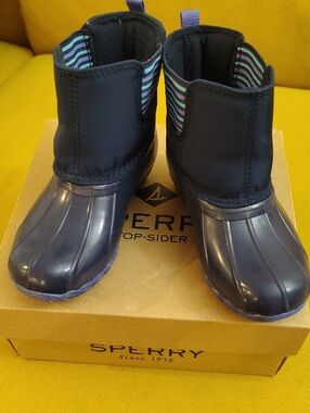 Sperry Kids Navy Booties with Purple & Teal Stripe Accent